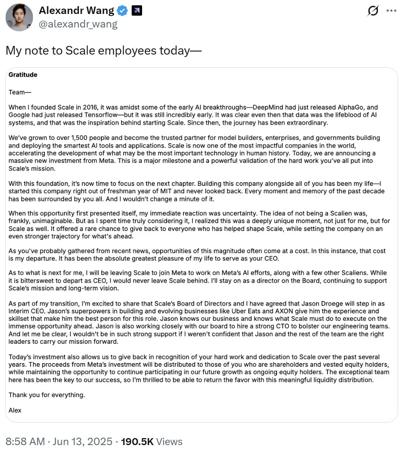 刚刚，Scale AI CEO Alexandr Wang正式官宣：Meta重金投资并挖走了我