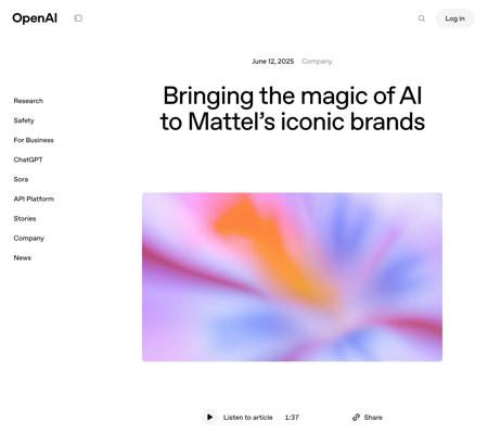 芭比娃娃、风火轮制造商美泰公司与 OpenAI 合作，今年将推出 AI 产品