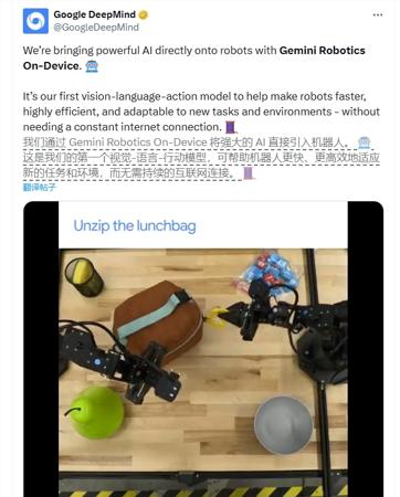 Deepmind推出新一代机器人AI模型：Gemini Robotics On-Device